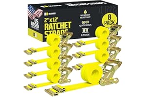 DC Cargo Mall E Track Ratchet Straps, Heavy Duty Cargo Tie-Down E Track Straps 2" x 12', (8 Pack, Yellow) E Track Spring Fittings Tie Down Motorcycle, Vans, Trucks, Trailers