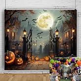 10x8ft Halloween Backdrop for Halloween Party Decorations Scary Full Moon Night Pumpkin Ghost Castle Photo Backdrops for Photography Haunted House Gate Halloween Back Drop for Picture Booth Props
