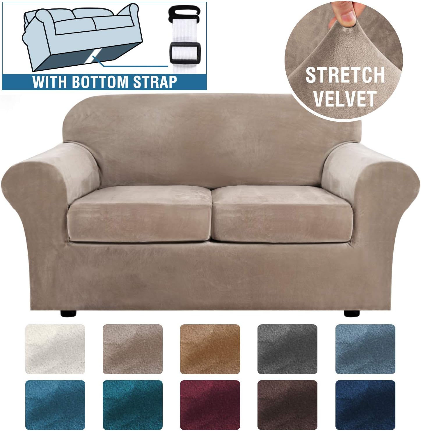 H.VERSAILTEX Real Velvet Plush 3 Piece Stretch Sofa Cover Velvet-Sofa Slipcover Loveseat Cover Furniture Protector Couch Soft Loveseat Slipcover for 2 Cushion Couch with Elastic Bottom(Loveseat,Gray): Kitchen & Dining