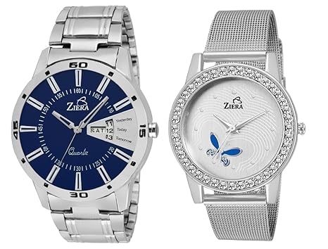 Analogue Blue Dial Silver Couple Watch for Men and Women - Combo Pack