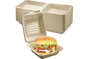 Packpact 6 X 6" Packs of 50pcs Kraft Unbleached 100% Compostable Square Hinged Container, Single Compartment Hamburger Clamsh
