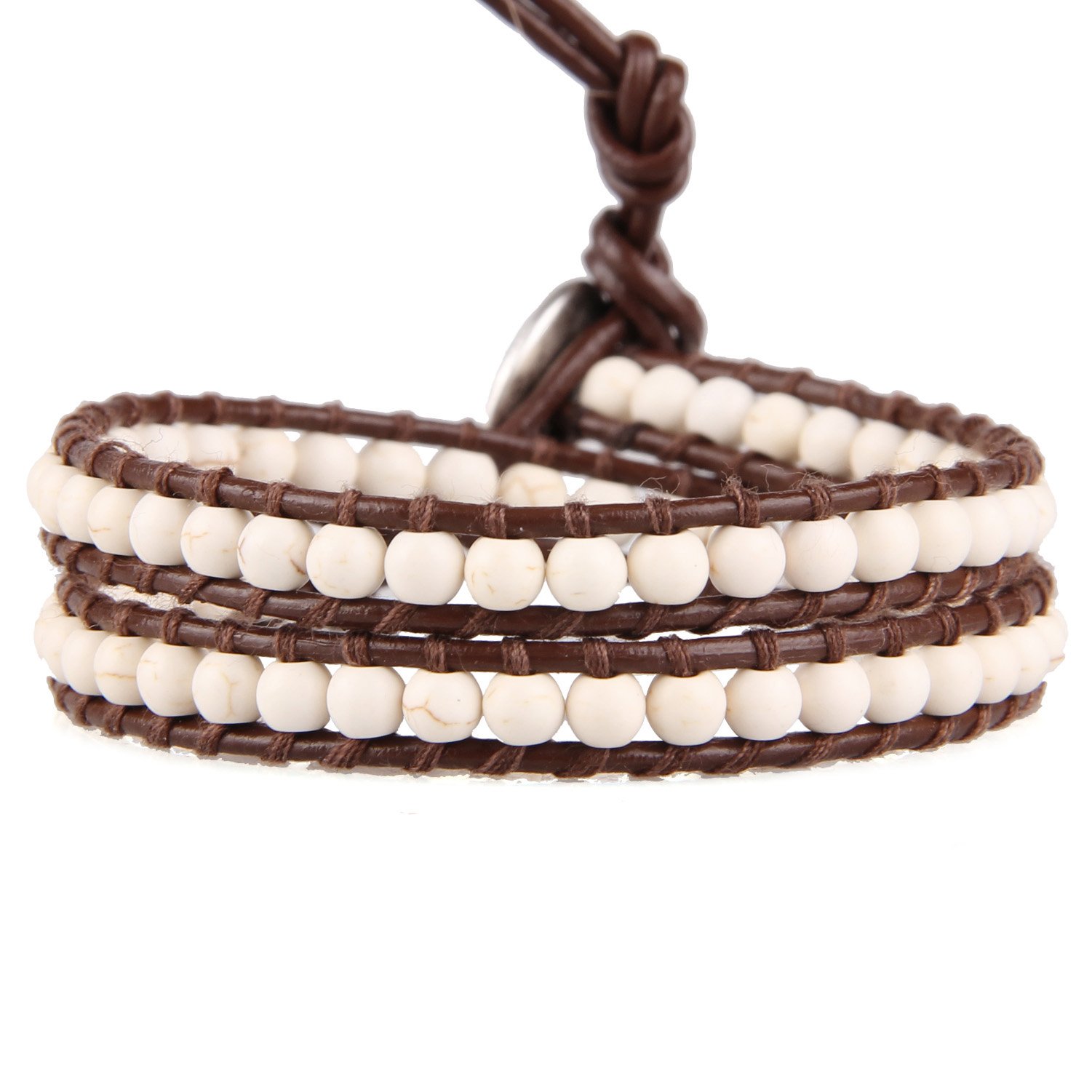 KELITCH White Turquoise Bead 2 Wraps Bracelet on Brown Leather Women Gift