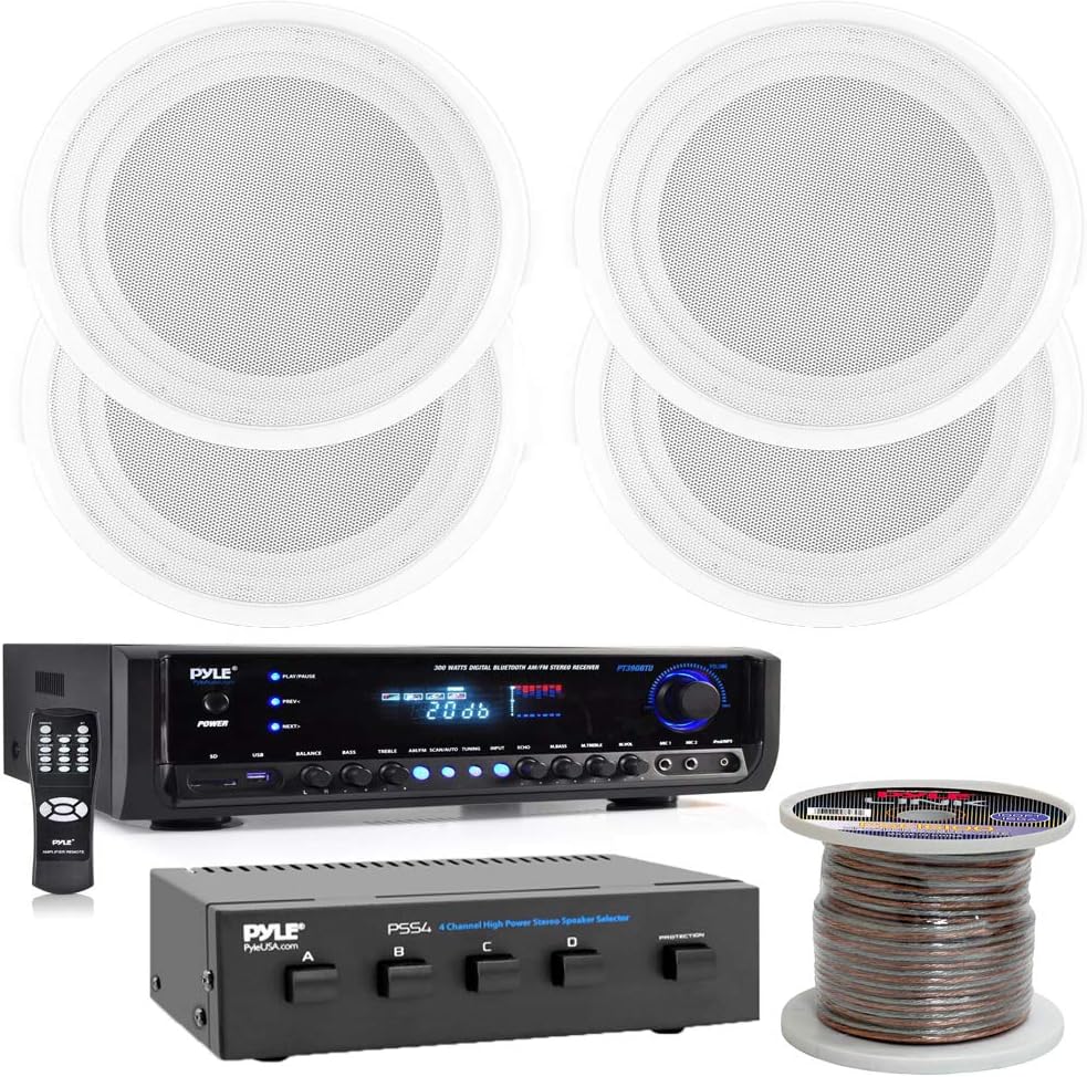 Pyle Digital Home Theater Bluetooth Stereo Receiver (4) 8'' Full Range Speaker Flush Mount Enclosure System with 100Ft Speaker Wire and 4 Ch. Speaker Selector