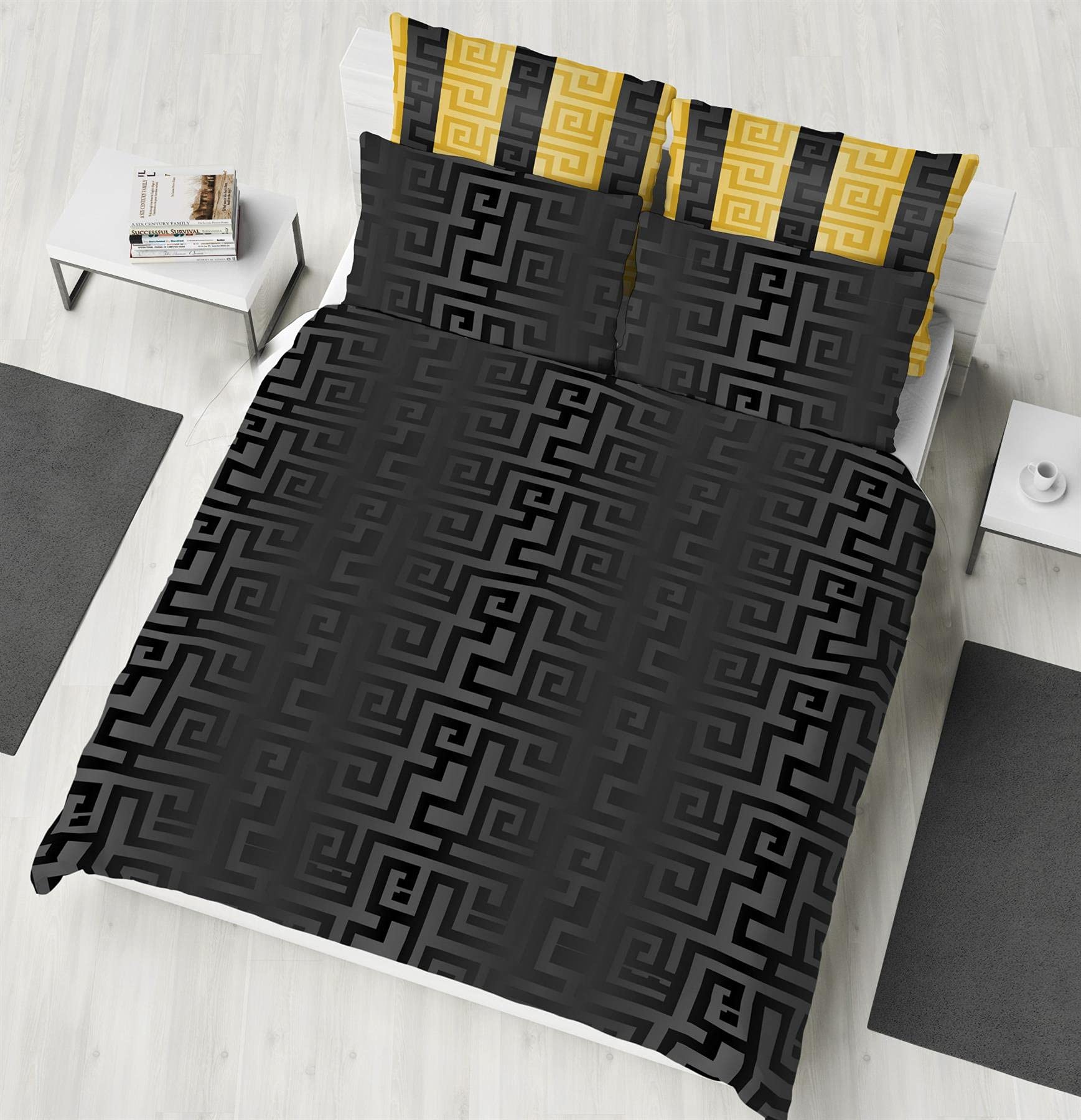 K Collection Athena Duvet Cover - Greek Meander Reversible Bedding Set - Greek Key Design - 100% Cotton - Single - Black/Gold