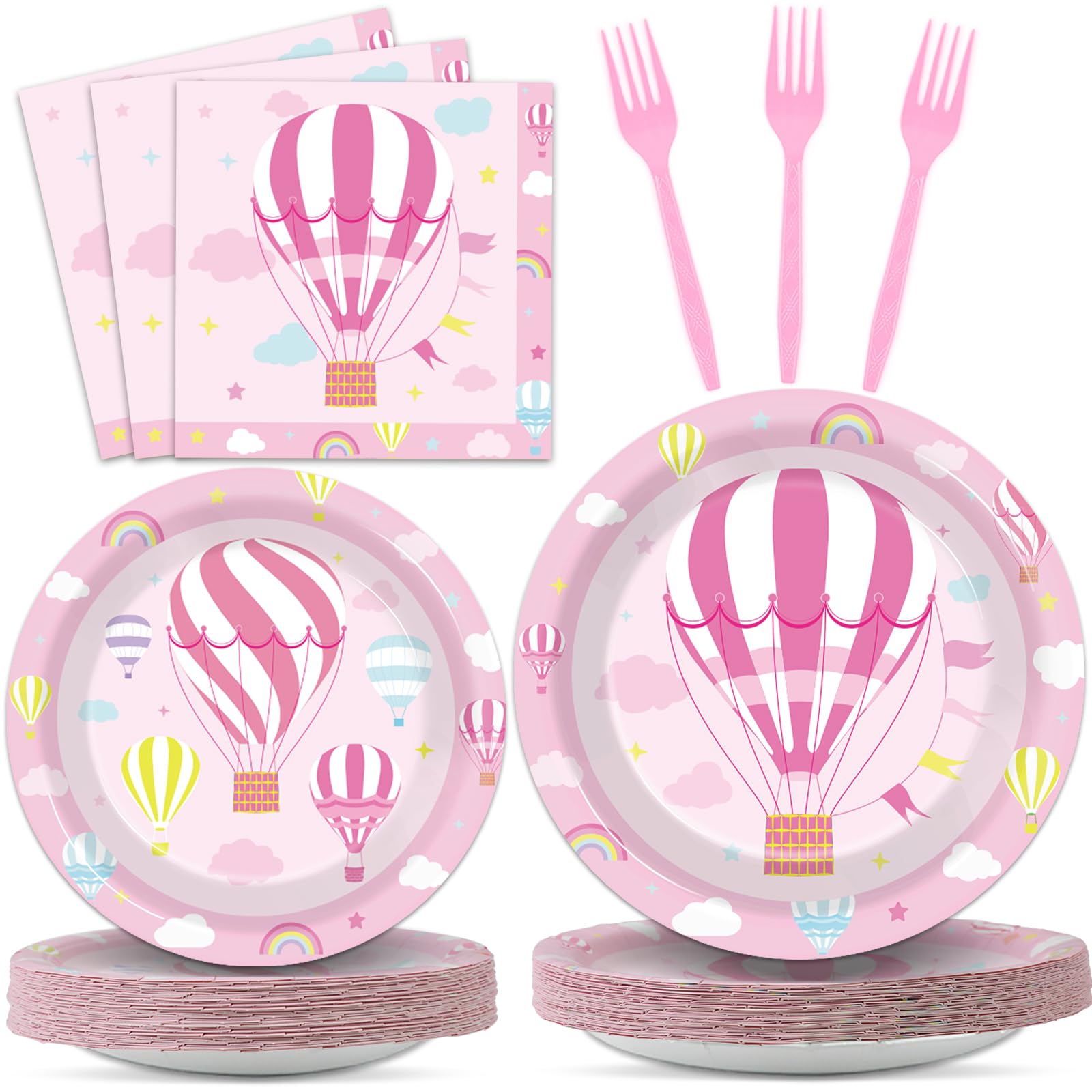 Photo 1 of 100pcs Hot Air Balloon Party Decorations for Baby Shower Pink Plates and Napkins Tableware Set Disposable for Cloudy Baby Girls Birthday Party Serves 25 Guest