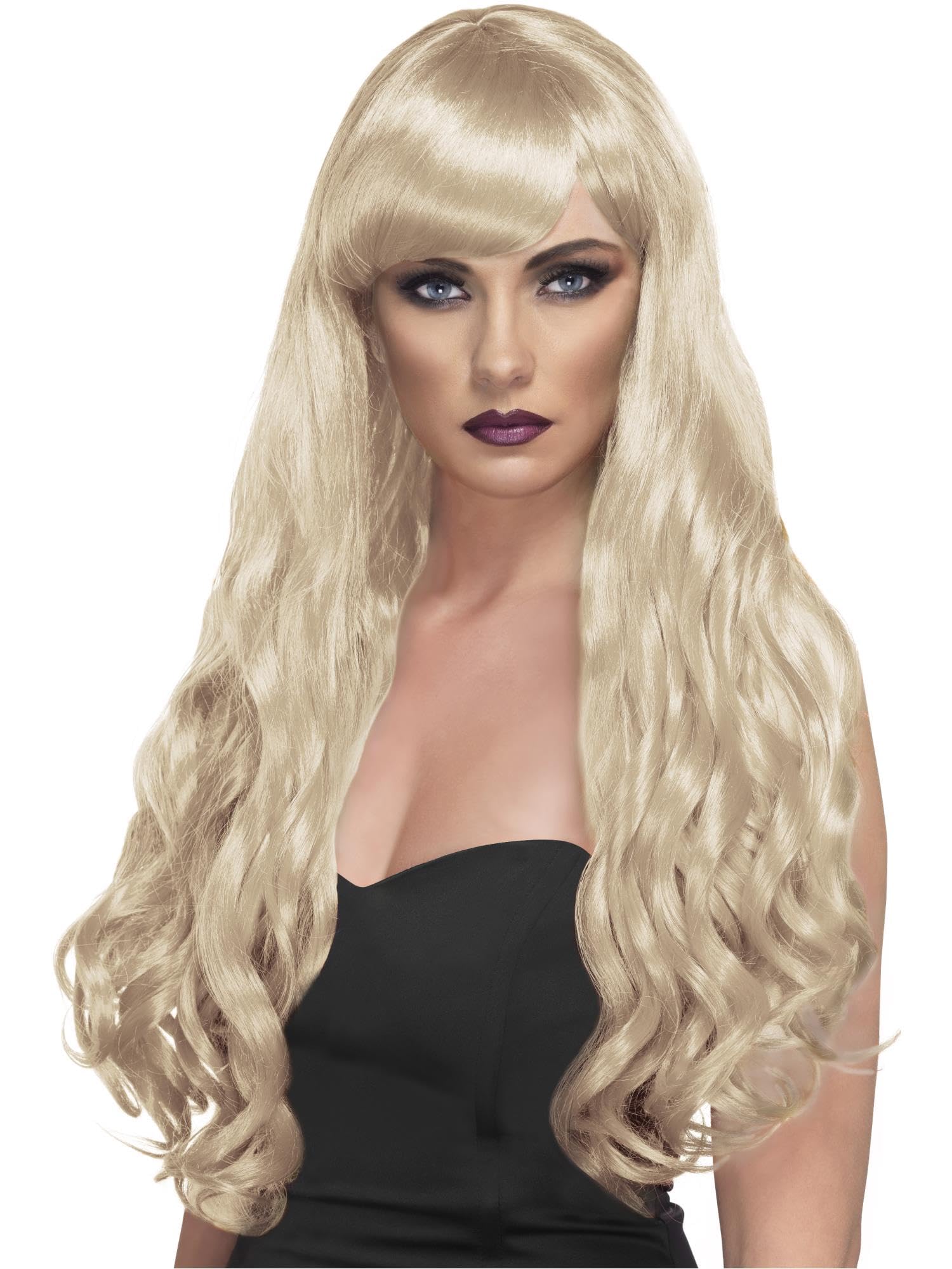Smiffys Desire Wig, Blonde Long, Curly with Fringe, Ladies Glamour Wigs Fancy Dress, Adult Dress Up Wigs