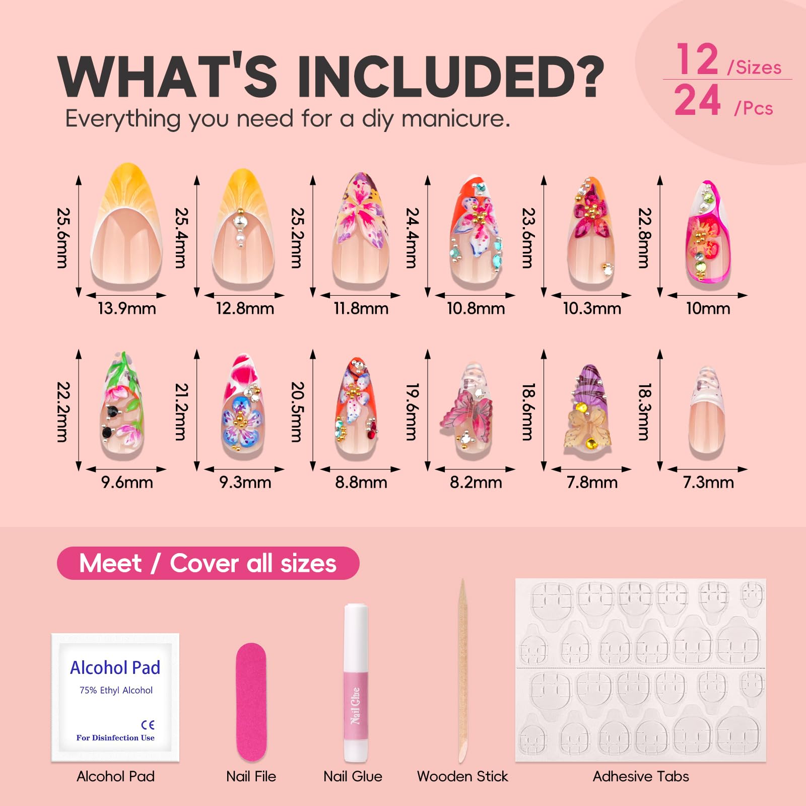 HOSAILY 3D Tropical Floral Press on Nails Medium Almond, Colorful Butterfly Bright Flower Summer Beach Handmade Full Cover Stick on Nails for Women, 24Pcs Glossy Reusable Fake False Nails with Glue - Image 5