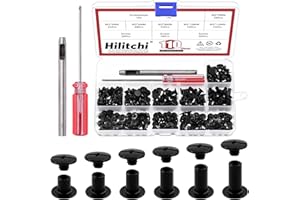 Hilitchi 110 Sets Black Chicago Screws Buttons Flat Head Screws Leather Rivets, Carbon Steel Round Binding Screws Rivets Nail