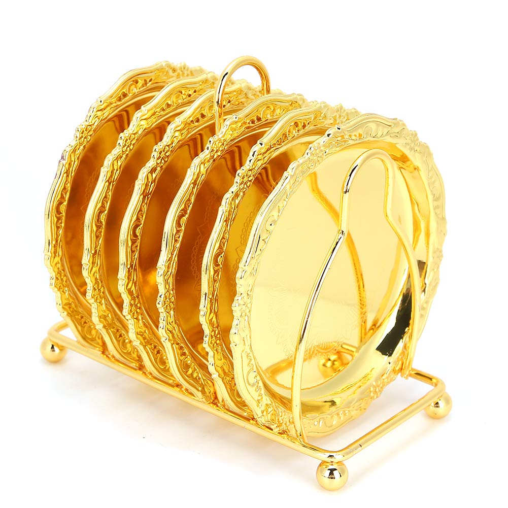 Coasters Set of 6 with Holder, 10cm European Style Retro Metal Coaster, Non Slip Cup Pads Tabletop Protection for Home, Bar, Kitchen, Coffee Table Decoration(Gold)