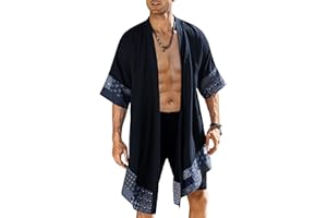 COOFANDY Men's Ruffle Shawl Collar Cotton Cardigan Long Kimono Jackets Open Front Drape Cape Coat