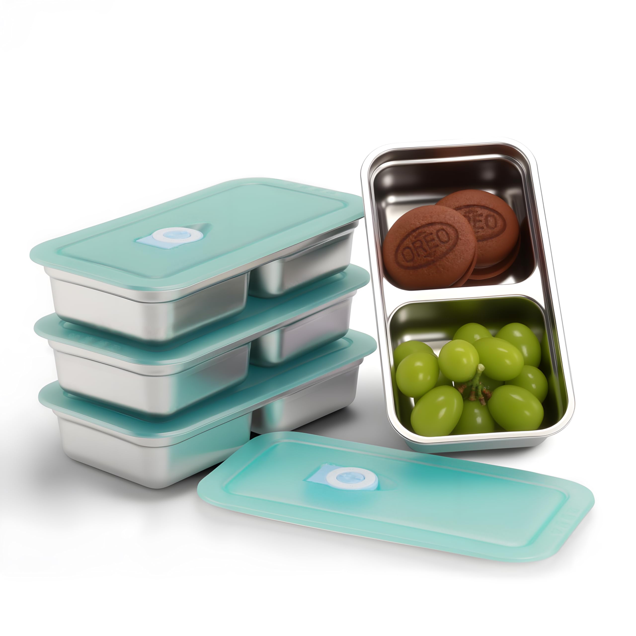 Photo 1 of herrydale Stainless Steel Snack Container Set, Food Container with 2 Compartments, 20 oz Capacity, Toddler Snack Containers, Leakproof Lid, Stackable (4)