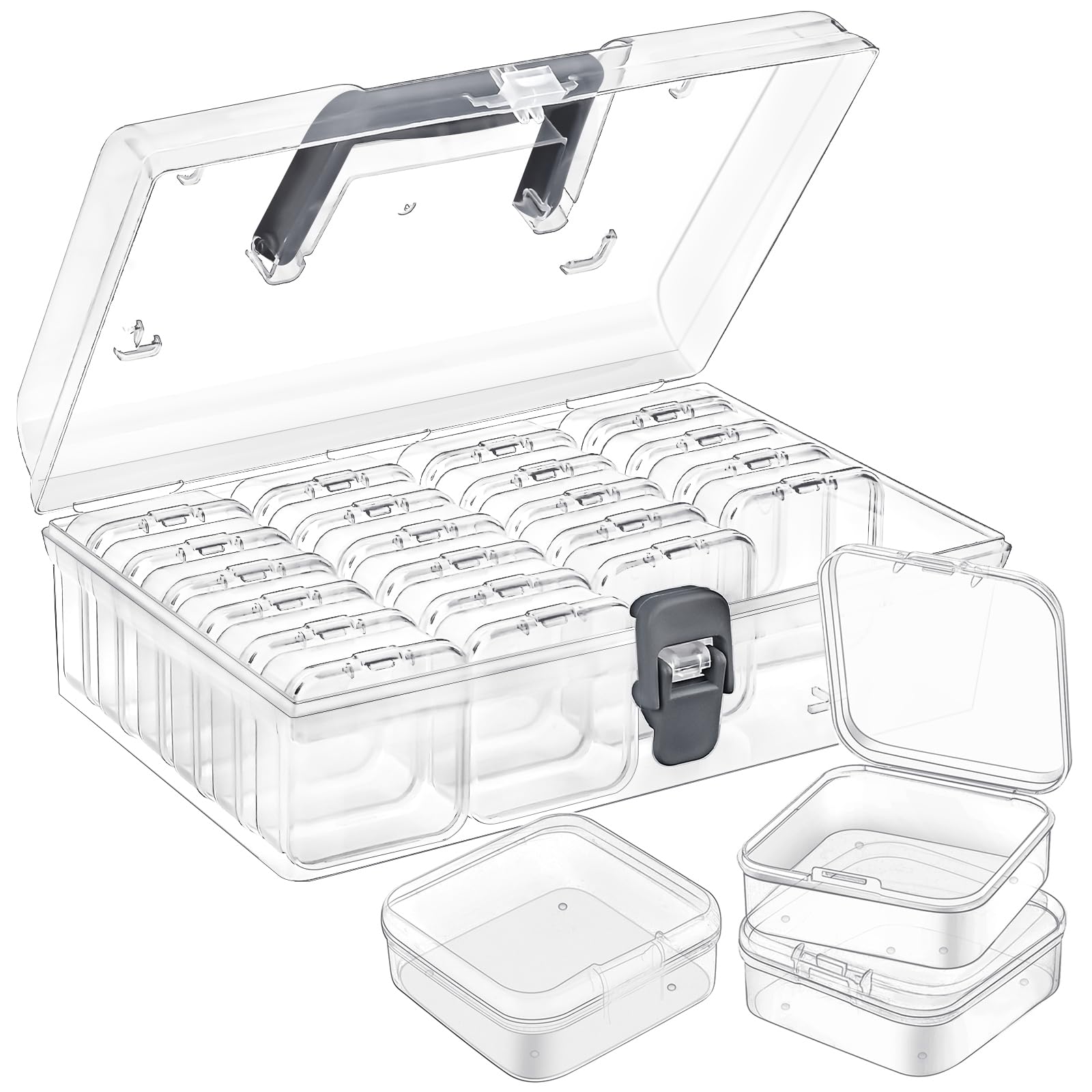 Bead Organizer Box with Handle, 25 Pcs Small Bead Organizers and Rectangle Storage Plastic Cases, Mini Clear Bead Storage Containers Boxes with Hinged Lid