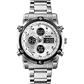 SKMEI Mens Wrist Watch, Waterproof Military Analog Digital Watches with LED Multi Time Chronograph, Stainless Steel Business Watches for Men