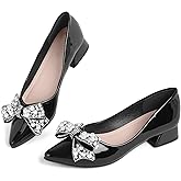 Anxle Women's Pumps Low Chunky Block Heel Rhinestone Closed Pointed Toe Comfortable Slip on Work Dress Shoes for Office