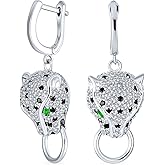 Estate Art Deco Style Animal Spotted Black White Cat Green Eye Cubic Zirconia CZ Panther Earrings Pendant Necklace Cocktail Jewelry Set For Women Silver Plated Brass