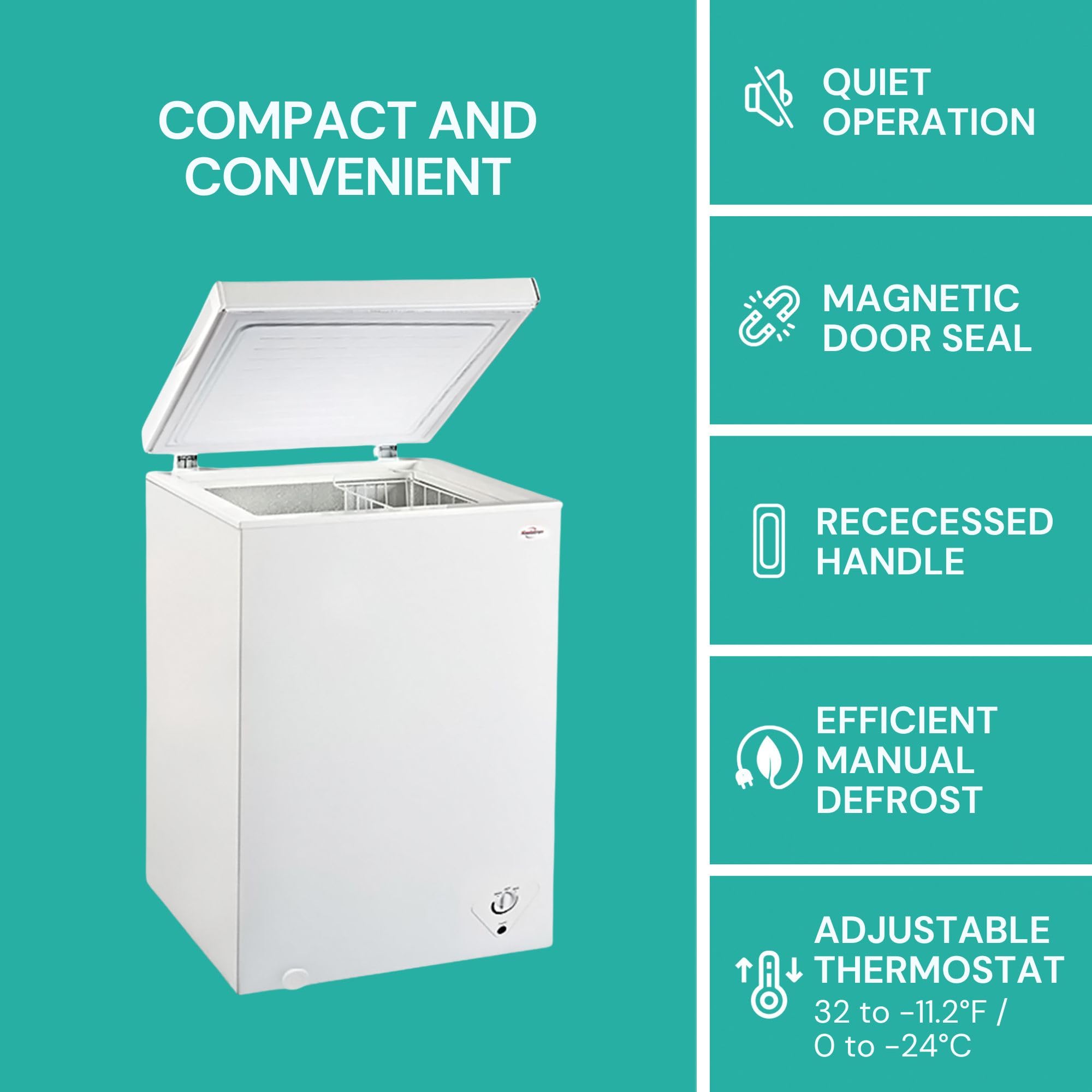 Koolatron Deep Freezer - 3.5 Cubic Feet, White Chest Freezer, 1 Wire Basket, Garage Ready, Meat Storage, Front Drain, Congelador For Home, Apartment, Basement, Dorm, Cottage, Manual Defrost, Stand Up