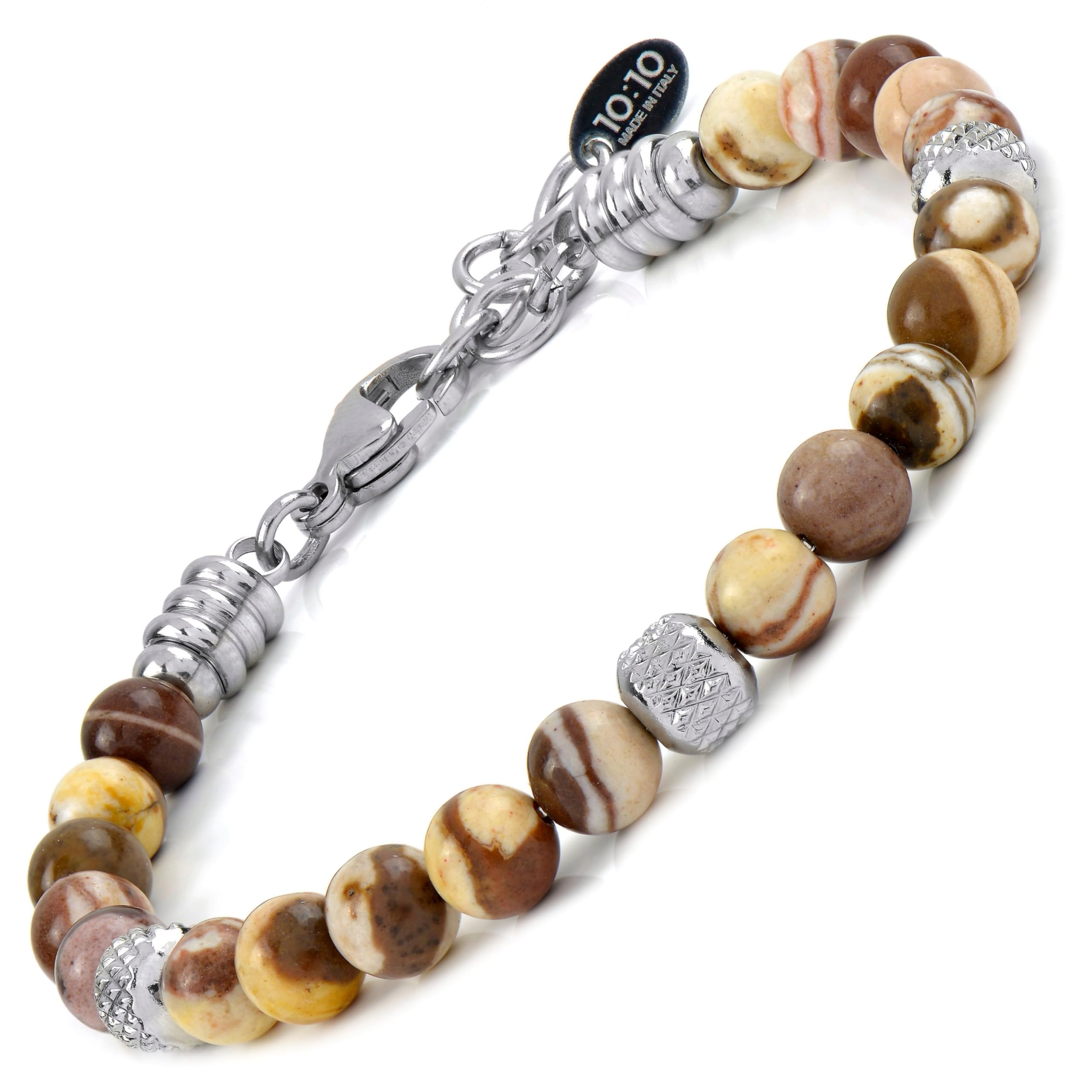 10:10 Bracelet with 6 mm Picasso Agate Natural Stones, Stainless Steel Beads, Very Durable Bracelet Made in Italy