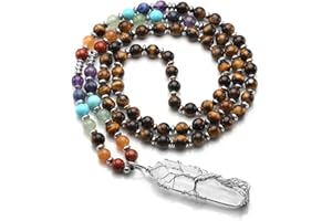 Jovivi Natural 7 Chakras Healing Crystals Necklace Wire Wrapped Clear Quartz Stone Pendant Healing Pointed Reiki Energy Balancing