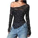 MakeMeChic Women's Sequin Sheer Top One Shoulder Ruched Long Sleeve Tee Shirt
