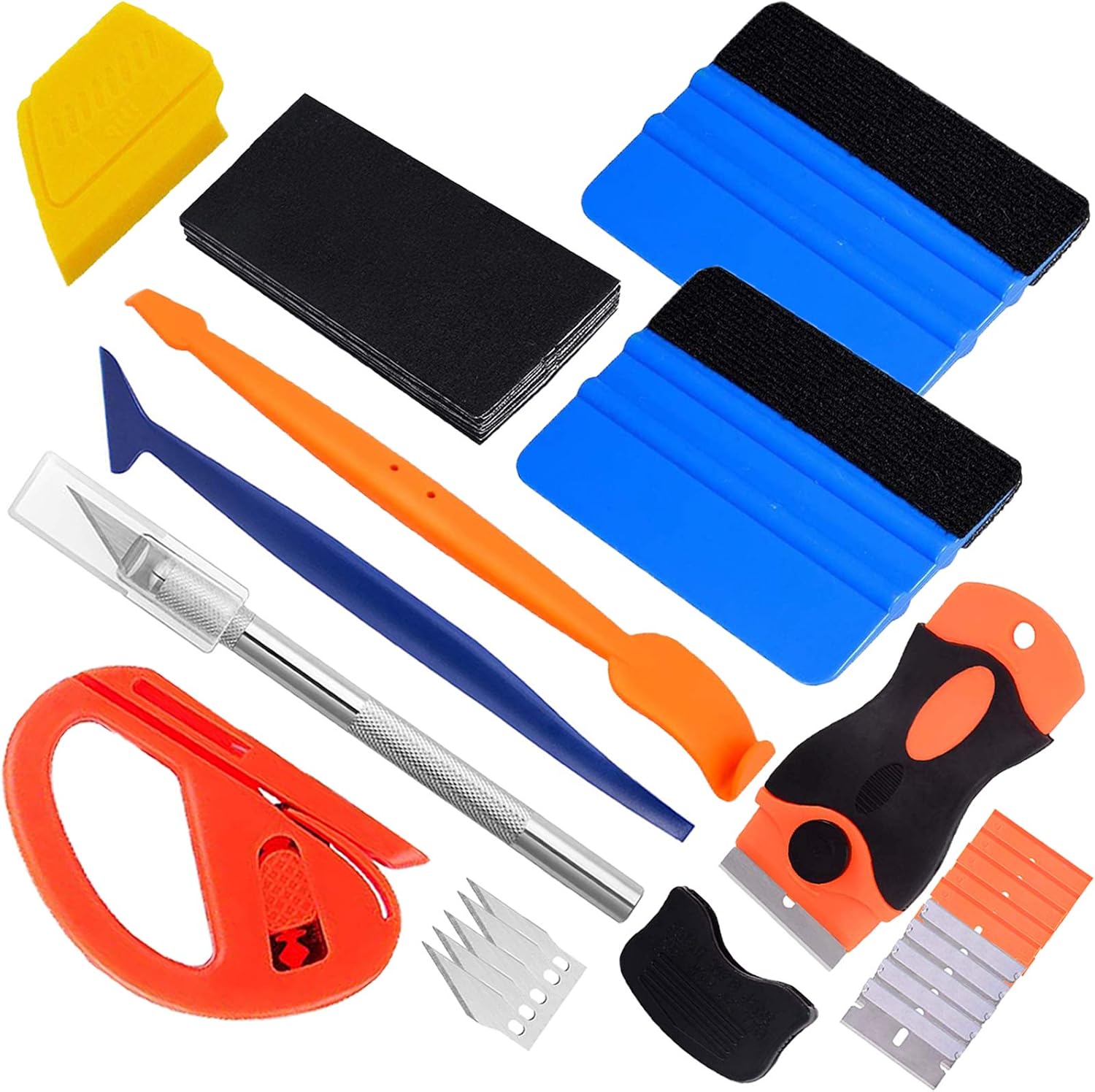 Amazon Co Jp Vitzee 自動車ラッピングフィルム貼り施工ツールセット プラスチックスクレーパーヘラ フェルトスキージ2個 交換スキージフェルト10枚 オレンジ色マグネットエッジフォロッドスキージー 安全スリッターカッター 青い柔らかい