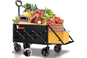 YSIATN Collapsible Folding Wagon Cart with Tailgate - 300lbs Heavy Duty Foldable Utility Wagon and Brake Wheels - 100L Lightweight Grocery Wagons for Shopping Camping Sports Garden, Black