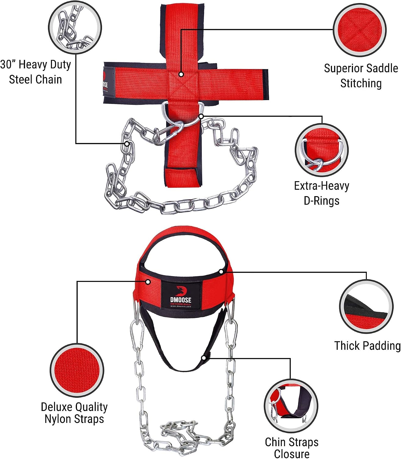 DMoose Fitness Neck Harness for Weight Lifting-Adjustable Head & Chin Strap with 30" Heavy Duty Steel Chain, Neck Exerciser - Image 5