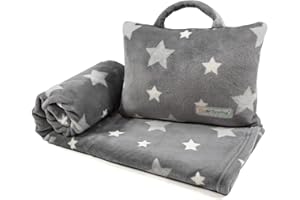 VigorSpring 3-in-1 Kids Travel Pillow and Blanket Set - 40x60 Inches Soft Grey Star Design | Travel Blanket Airplane Compact with Bag | Ideal for Travel, Camping, Car Rides & Home Decor
