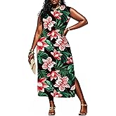 UOUA Women Summer Maxi Dresses Plus Size Casual Hawaiian Sundress Sleeveless Loose Split Beach Dress with Pockets