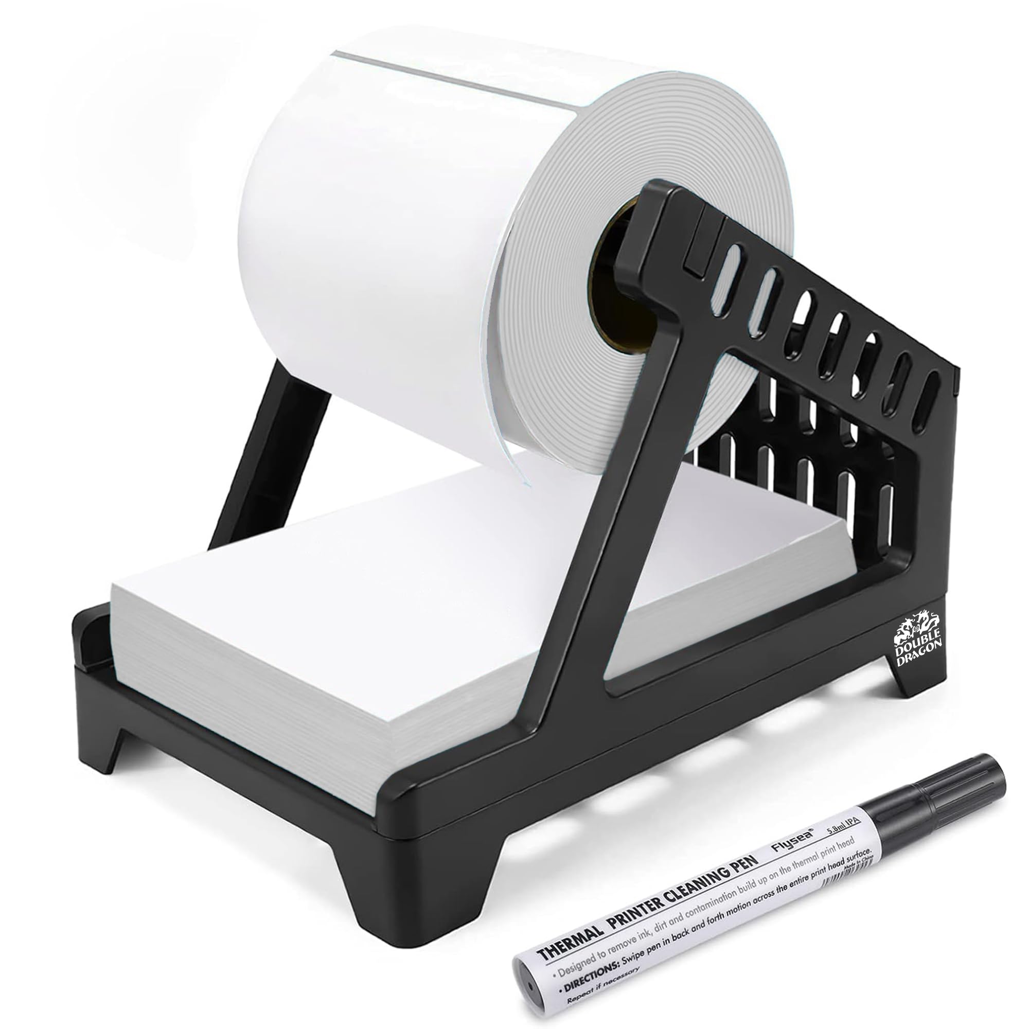 Thermal Label Holder and Dispenser for 4x6 Labels, Compatible with Double Dragon, Munbyn, Fanfold & Roll Labels, Includes Cleaning Pen – Thermal Printer Accessory for Shipping Stickers (Black)