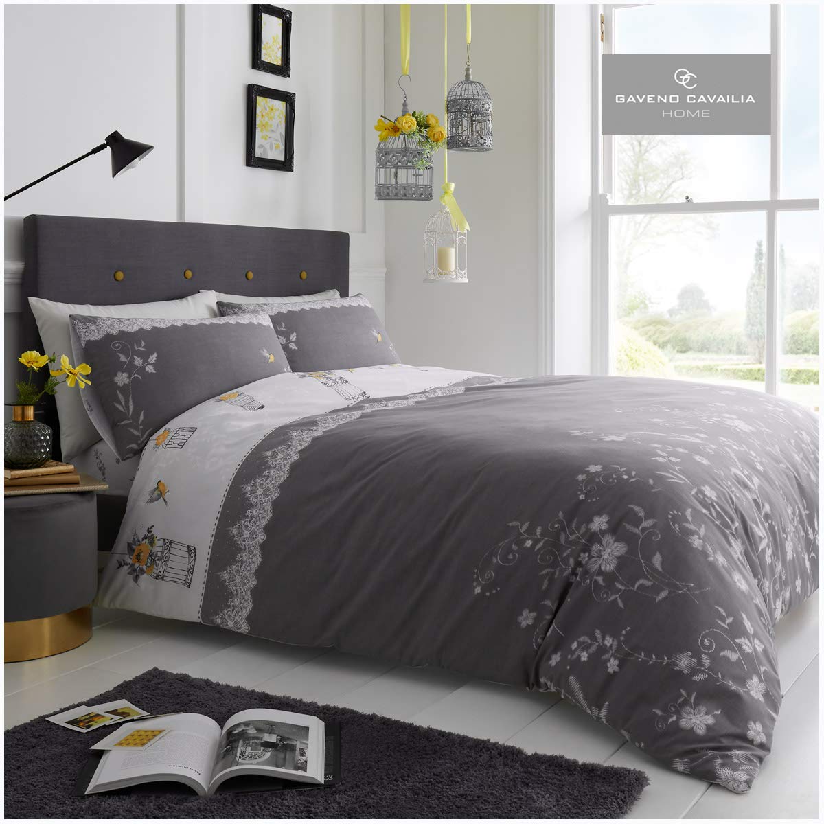 GC GAVENO CAVAILIA Gaveno Cavailia Vintage Botanic Lucy King Duvet Set Grey Bedding, 3 Piece Cotton Blend Reversible Printed Bedlinen, Easy Care DuvetCover Bedset, 1 Quilt Cover + 2 Pillow Cases