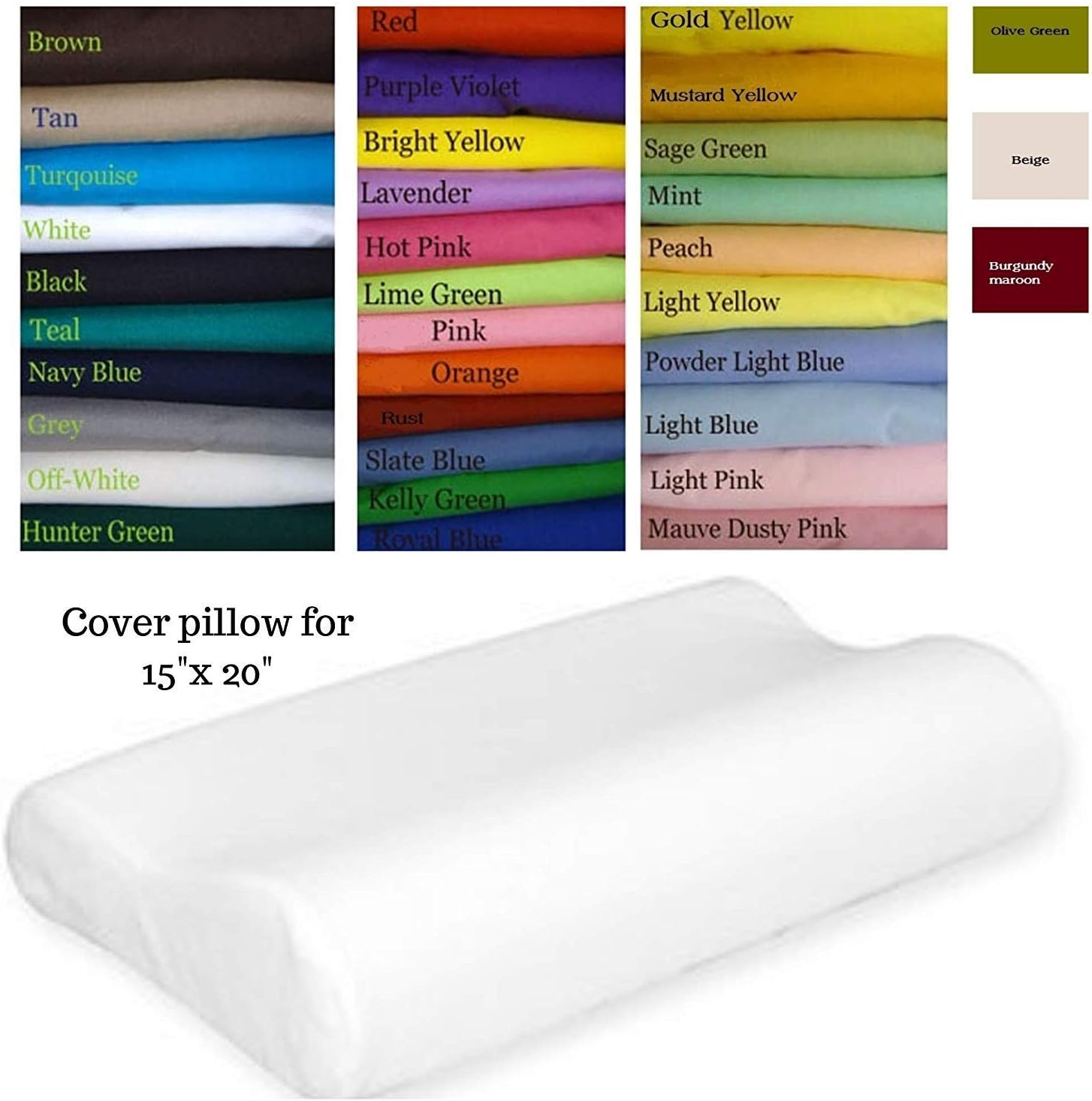 Pillowcase Sham for 15"x 20" Memory Foam Contour Pillow sham Pink, Orange, Slate, Gold, Mustard, Mint, Peach, yellow, Light Blue, Olive green, Burgundy maroon, mauve dusty pink cover case