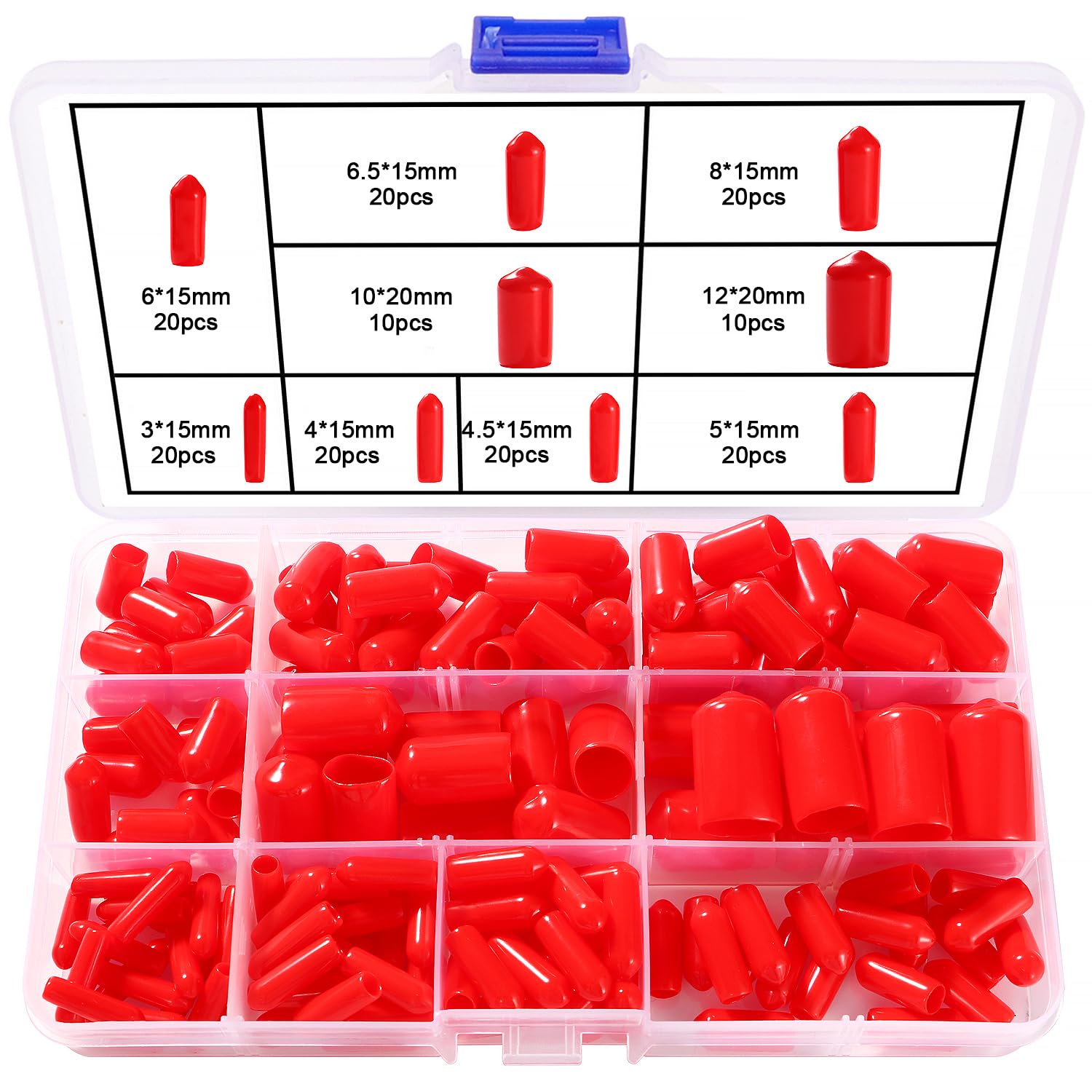 YIXISI 160 PCS 9 Sizes 3-12 mm Rubber End Caps Assortment Kit, Round Flexible Screw End Caps Thread Protectors, Round Vinyl Flexible End Caps, for Protection of Screws, Tubes, Cables, Wires, Red