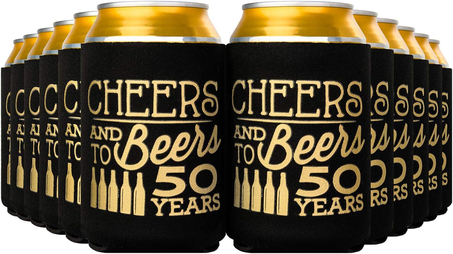 Crisky 50th Birthday Can Cooler, Black Gold Cheers to 50 Years Birthday Decoration Party Favor Can Covers, 12-Ounce Neoprene Coolers for Soda, Can Beverage, 12 Count