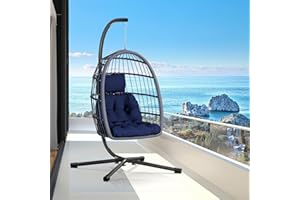 CHABATREE Egg Chair with Stand,Patio Rattan Wicker Hanging Swing Egg Chair Hammock Chair for Porch Garden,Thickened Aluminum Alloy Steel Frame and UV Resistant Cushion,350LBS Capacity(Dark Blue)