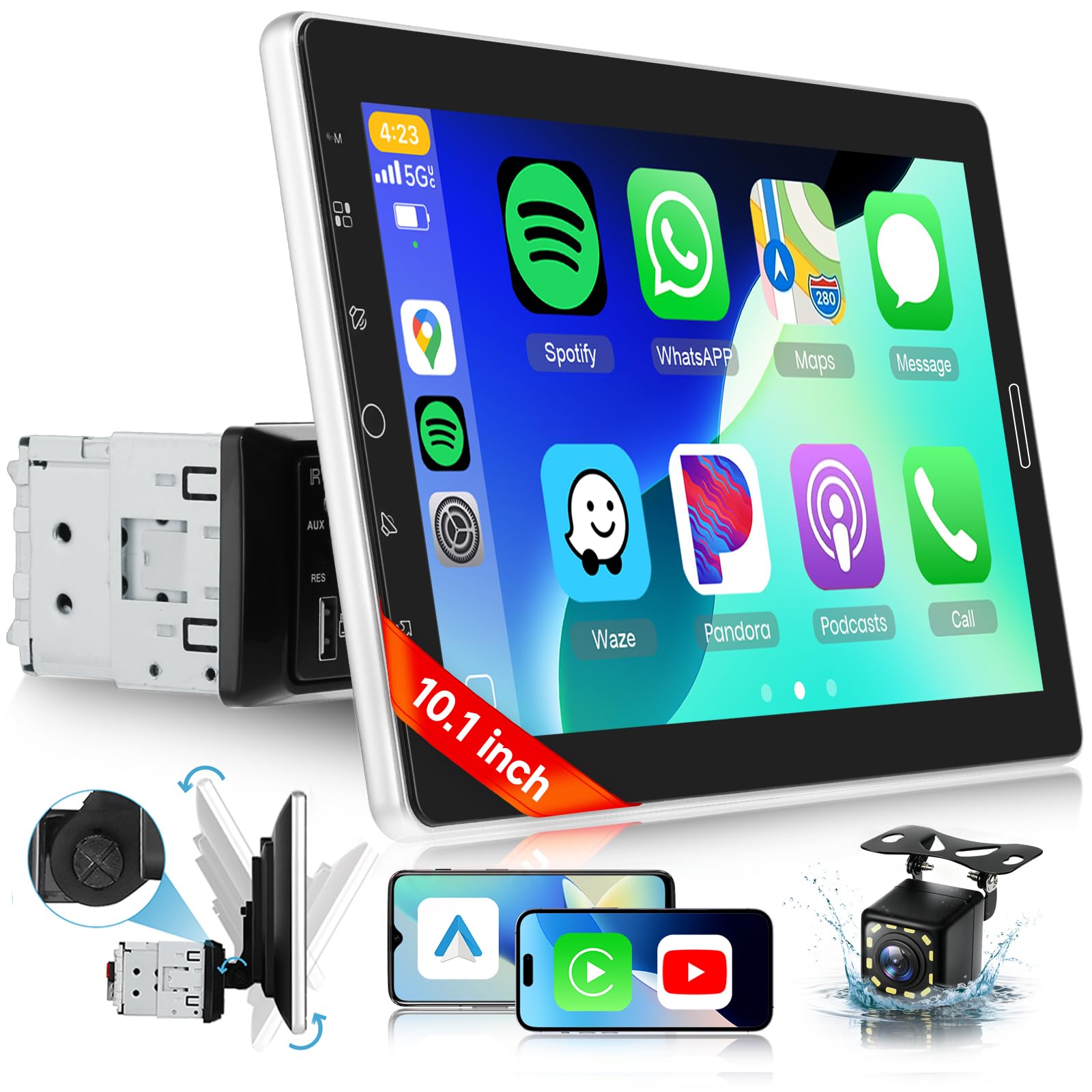 Photo 1 of 10.1 inch Single Din Car Stereo with AM/FM/RDS Wireless Carplay Android Auto Backup Camera, Sellrich Single Din Detachable Screen Radio Support Bluetooth YouTube MirrorLink EQ USB/AUX/TF SWC