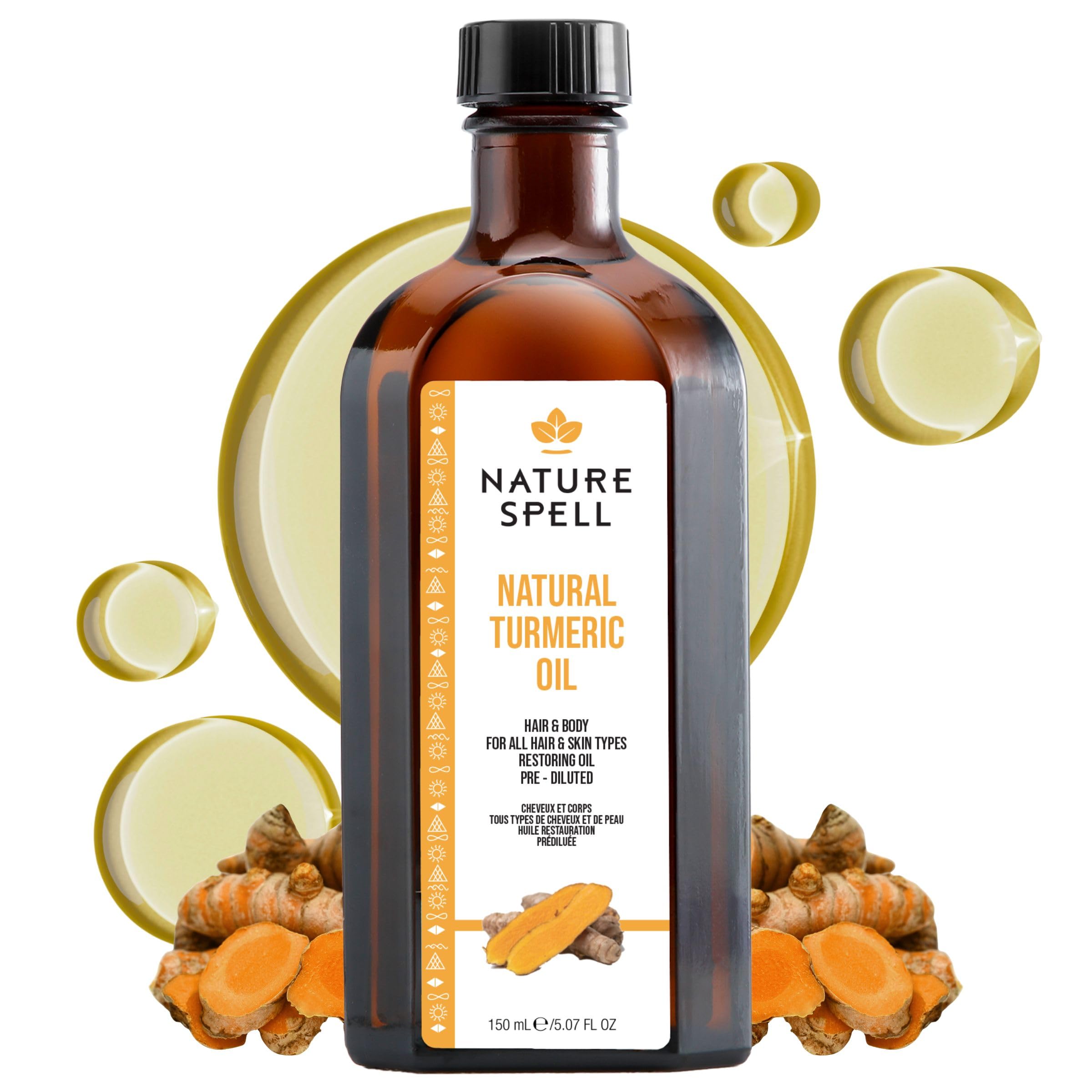 Nature Spell Turmeric Oil for Hair & Body, Pre-Diluted Oil to Soothe Muscular & Joint Pain and Promote Growth, For All Hair & Skin Types, Vegan, 150ml