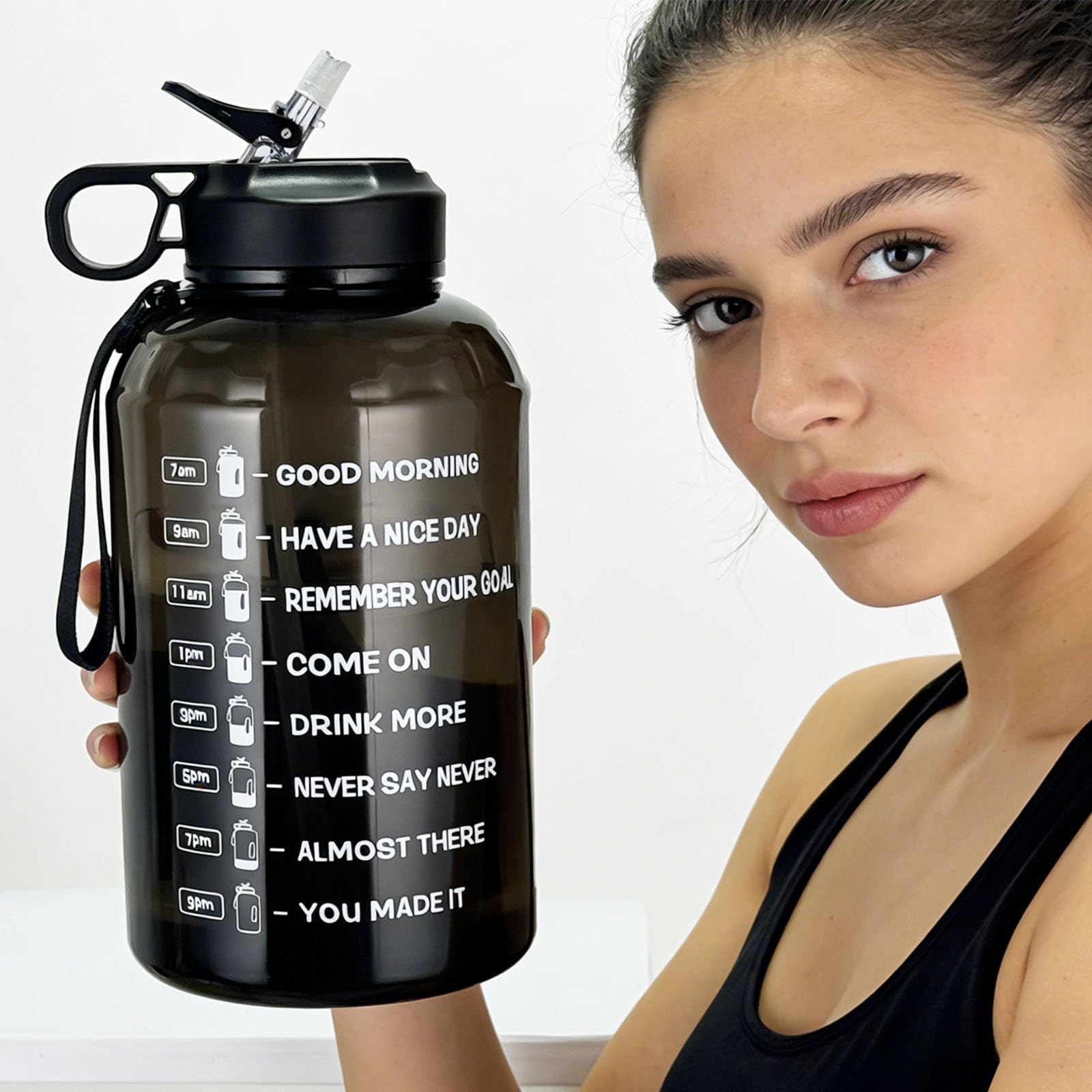 2.2 L Große Motivations-Trinkflasche mit Trinkhalm & Zeitmarkierungen - BPA-frei, auslaufsicher - Täglicher Hydrations-Tracker für Fitnessstudio, Büro, Zuhause & Reisen (Schwarz, 74 oz) (Black) 7