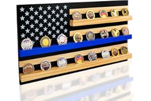 ASmileIndeep Solid Wood American Flag Challenge Coin Holder Wall Display Case, 3-Row Thin Blue Line Rack for 30 Military Coins, Ideal Shelf for Collectible Coins