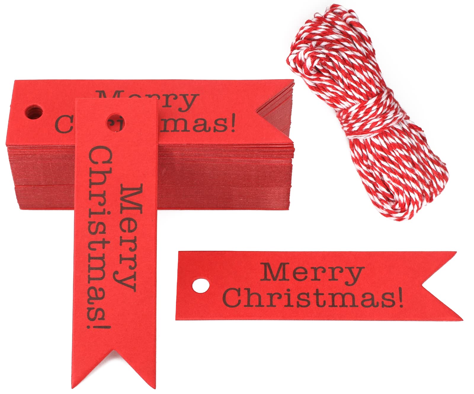G2PLUS Small Merry Christmas Tags, 100 PCS Red Christmas Lables for Pesents, 2 x7 cm Xmas Gift Tags with String for Gift Wrapping Decoration