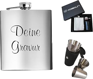 Schmalz® Flachmann-Set 7-teilig aus Edelstahl inklusive Gravur Geschenkverpackung Stamperl Etui Schnapsbecher Einfülltrichter Lasergravur