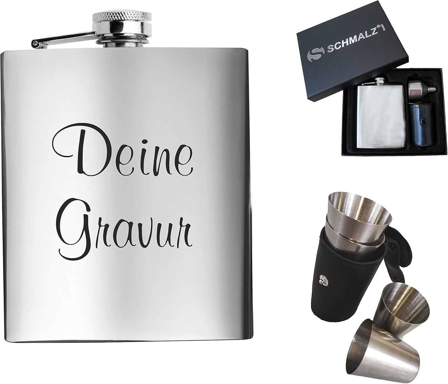 Schmalz® Flachmann-Set 7-teilig aus Edelstahl inklusive Gravur Geschenkverpackung Stamperl Etui Schnapsbecher Einfülltrichter Lasergravur