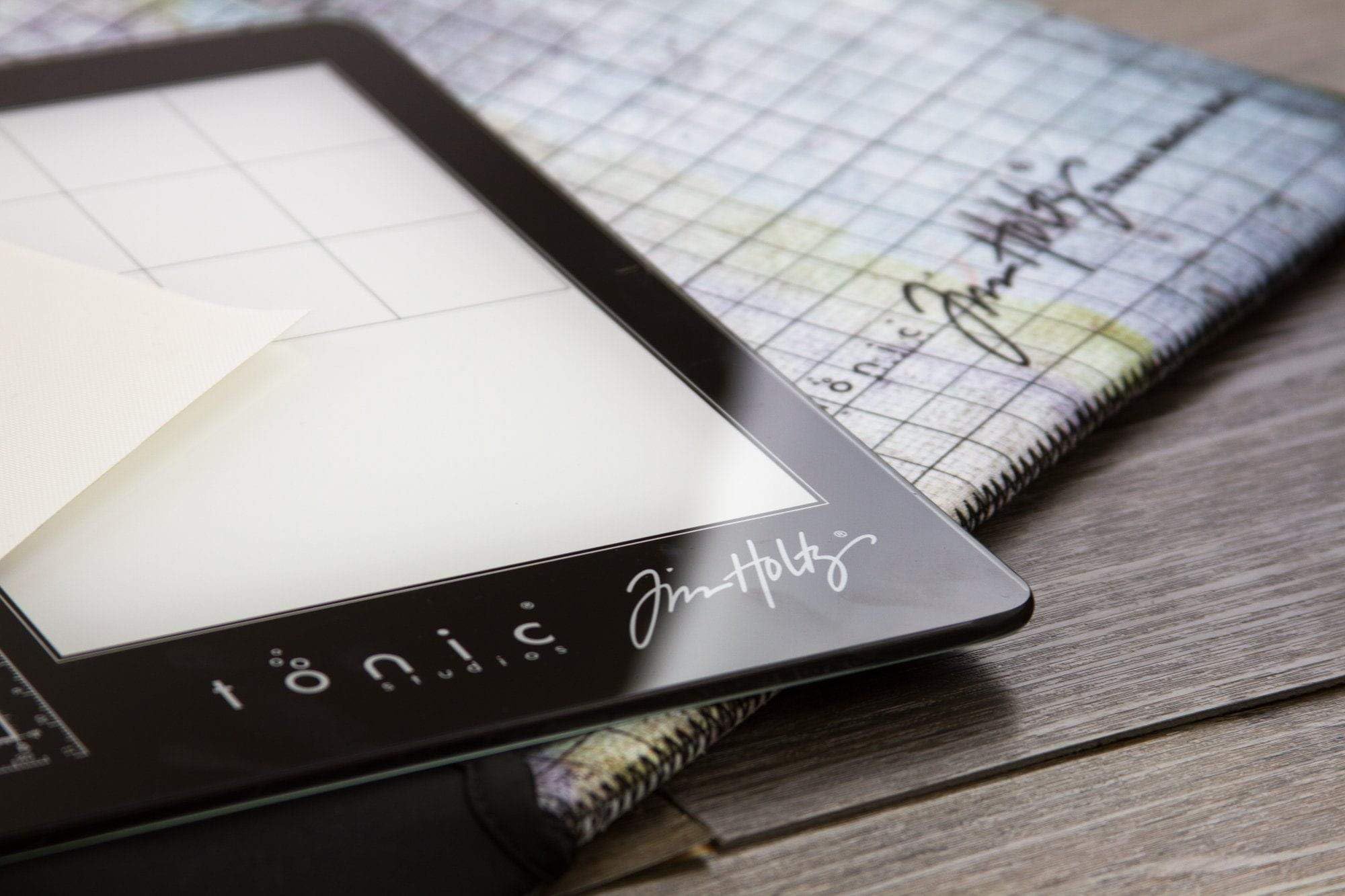 Tim Holtz Travel Glass Cutting Mat - Portable Work Surface with 8x8 Measuring Grid and Palette for Mixed Media - Art Supplies with Carry Case