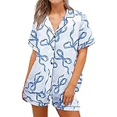 Tenopuli Women Silk Satin Pajama Set Cute Bow Print Button Down Top and Shorts Sleepwear Valentine 2 Piece Lounge Set