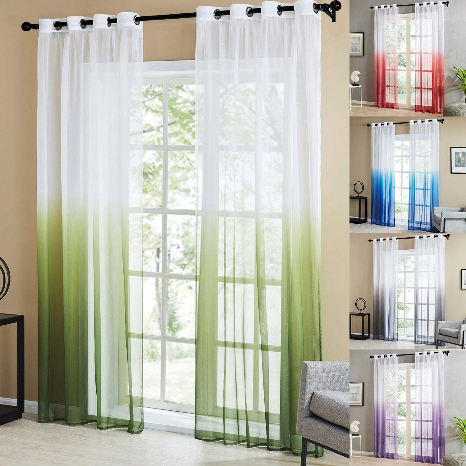 Topfinel Green Gradient Voile Curtain 63 Drop 2 Panels Eyelet Tulle