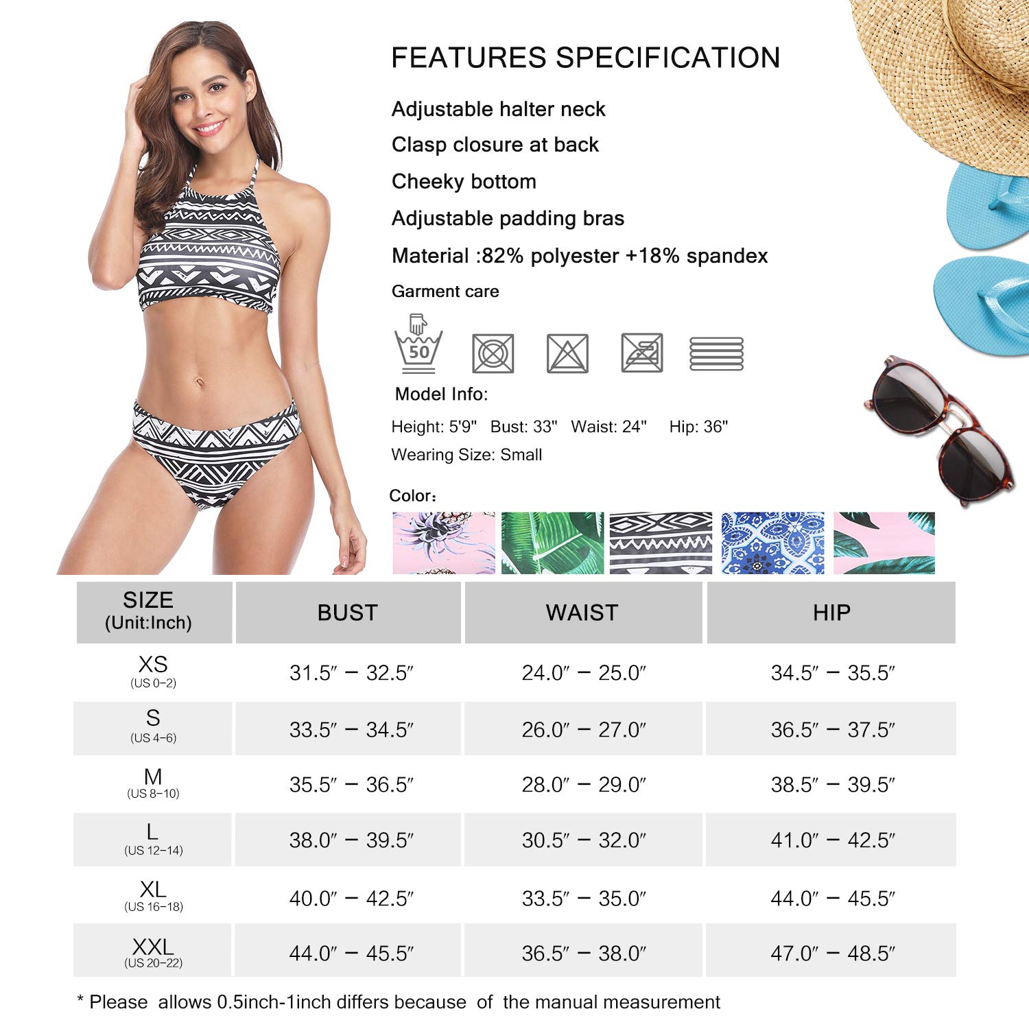 MarinaVida Women Halter Two Pieces Swimsuit Floral Print Bikini Set