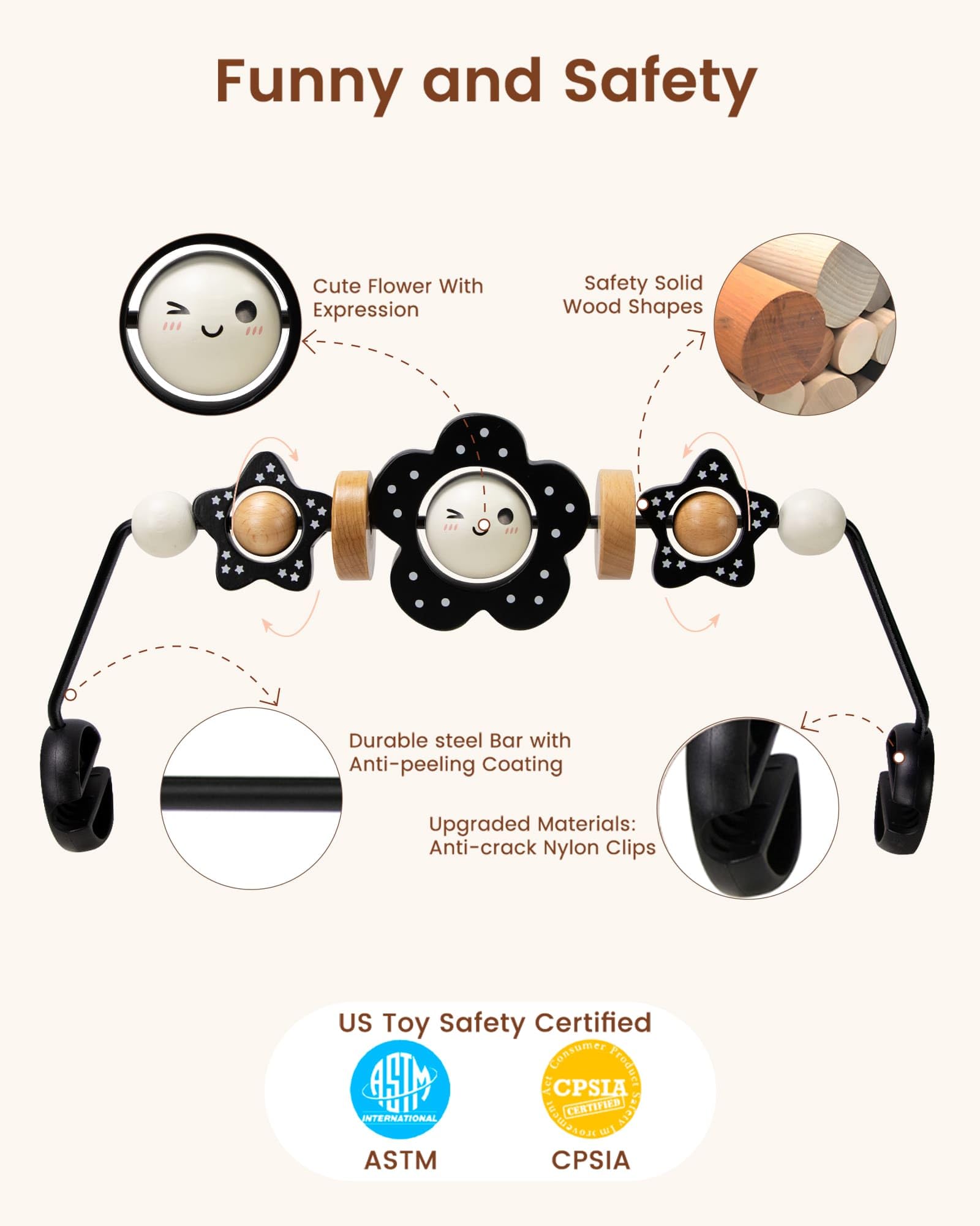 Baby Bouncer Toy Bar Wooden Compatible with Baby Bjorn Bouncer, Bouncer Toy Attachment Tight and Secure Fit, So Fun to Watch, Touch and Spin for Babies All Ages (Black and White Flower)