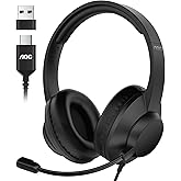 AOC USB Headset with Microphone for PC, Over-Ear Wired Headphones with Mic, Noise-Cancelling Boom, 40mm Audio Drivers, USB-A/C Compatibility for Office, Call Centers & Online Meetings (Black)