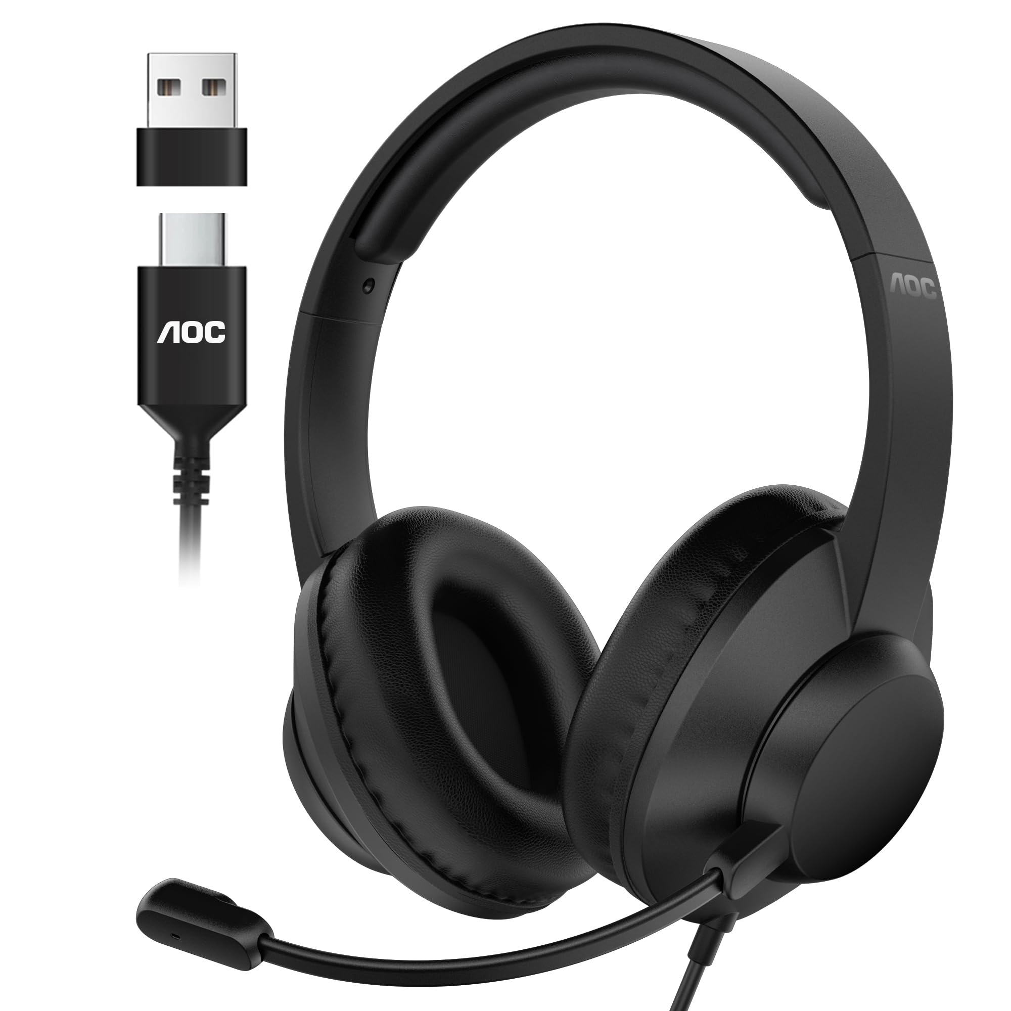 Photo 1 of AOC USB Headset with Microphone for PC, Over-Ear Wired Headphones with Mic, Noise-Cancelling Boom, 40mm Audio Drivers, USB-A/C Compatibility for Office, Call Centers & Online Meetings (Black)