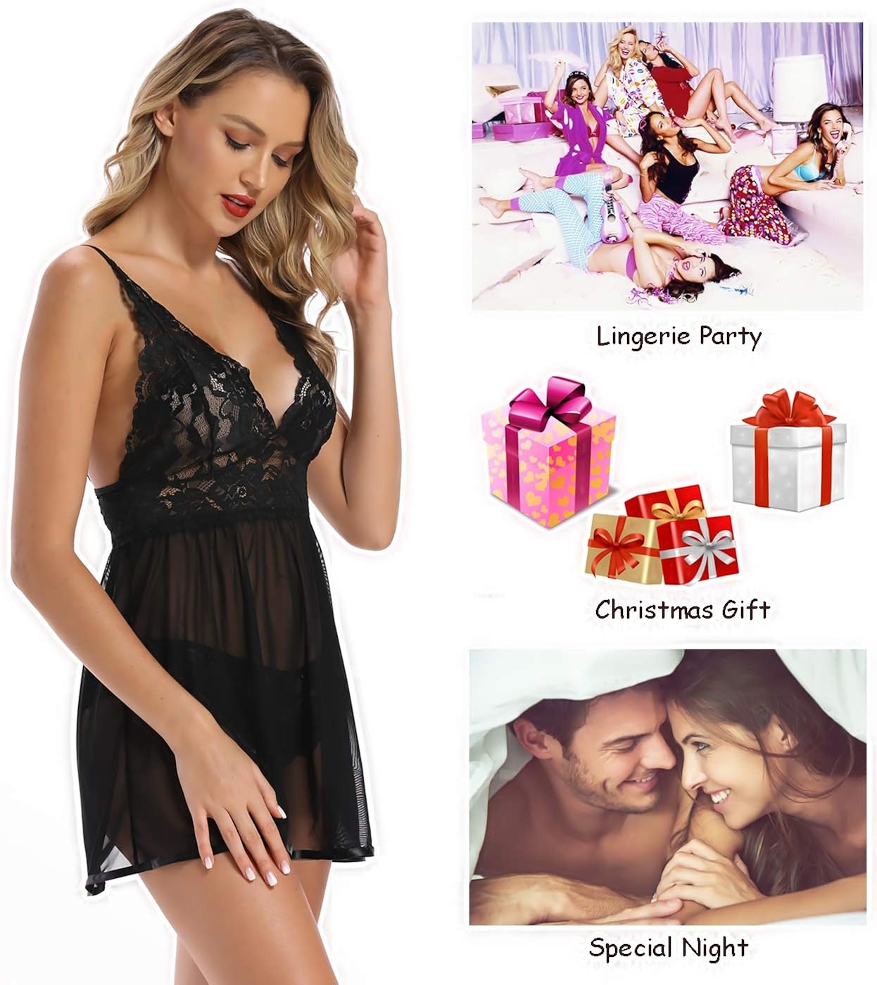 EISHOPEER Women's Lingerie Lace Chemise Babydoll Strap Teddy V Neck Open Back Sleepwear: Clothing