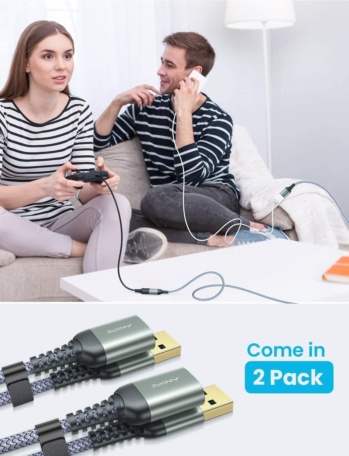2 PACK AINOPE USB 3.0 Extension Cable Type A Male to Female Extension Cord 6.6FT DURABLE BRAIDED MATERIAL Fast Data Transfer Compatible with USB Keyboard,Mouse,Flash Drive, Hard Drive,Printer: Computers & Accessories